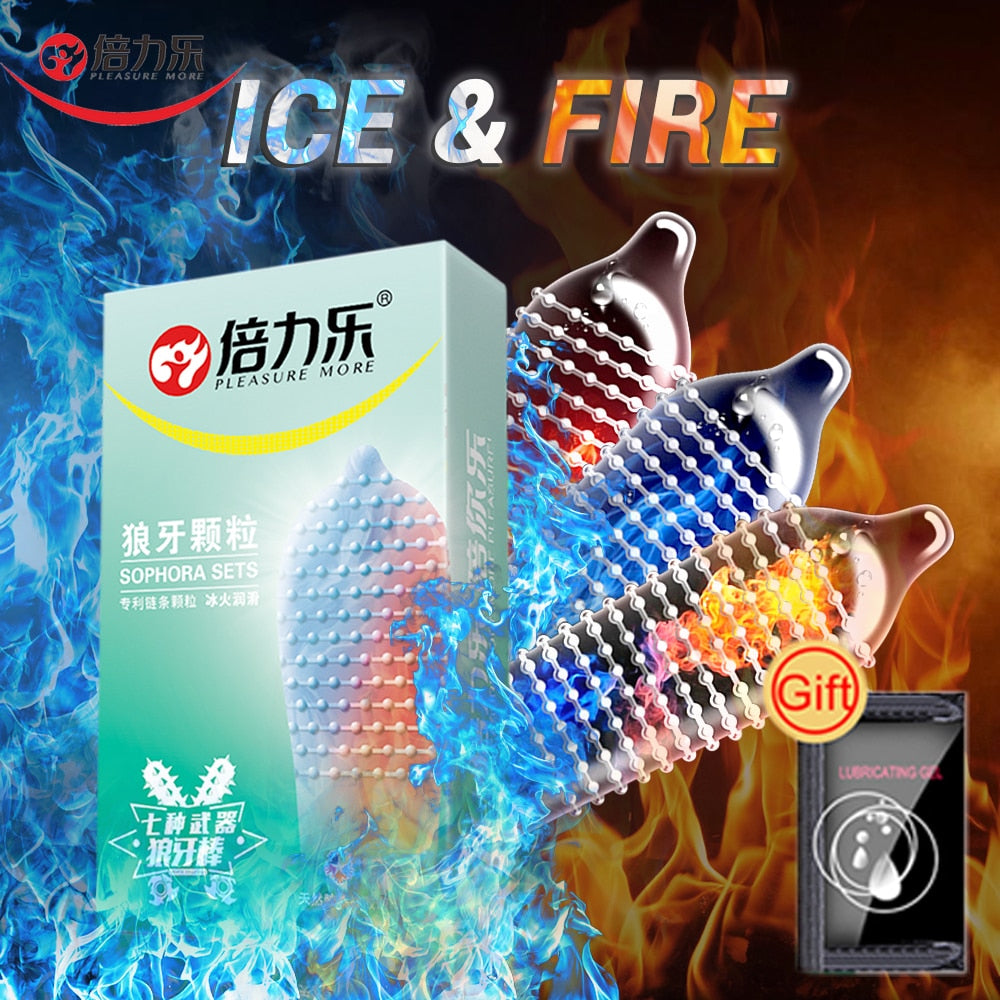 Beilile 10Pcs Fire & Ice Spike Condoms Large Dots Orgasm G-Spot Massage Penis Sleeve for Sex With Studs Funny Condoms For Men - Pleasure Bar