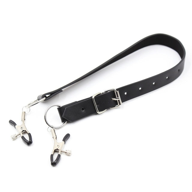 BDSM Bondage Restraint Wrap Around Thigh Spread Labia Spreader Straps With Vagina Clamps,Humiliation Play Nipple Clamps Roleplay - Pleasure Bar