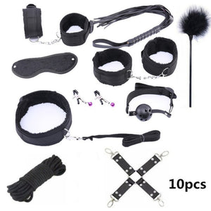 10 Pcs/set Sex Products Erotic Toys for Adults BDSM Sex Bondage Set Handcuffs Nipple Clamps Gag Whip Rope Sex Toys For Couples - Pleasure Bar