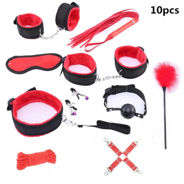 10 Pcs/set Sex Products Erotic Toys for Adults BDSM Sex Bondage Set Handcuffs Nipple Clamps Gag Whip Rope Sex Toys For Couples - Pleasure Bar