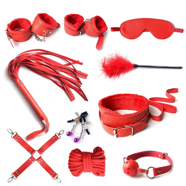 10 Pcs/set Sex Product Erotic Toys Adults Bdsm Bondage Set Tail Anal Plug Handcuffs Nipple Clamps Gag Whip Rope Toys For Couples - Pleasure Bar