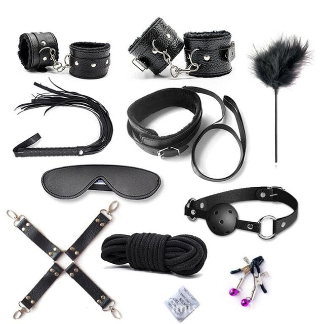 10 Pcs/set Sex Product Erotic Toys Adults Bdsm Bondage Set Tail Anal Plug Handcuffs Nipple Clamps Gag Whip Rope Toys For Couples - Pleasure Bar