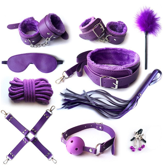 10 Pcs/set Sex Product Erotic Toys Adults Bdsm Bondage Set Tail Anal Plug Handcuffs Nipple Clamps Gag Whip Rope Toys For Couples - Pleasure Bar