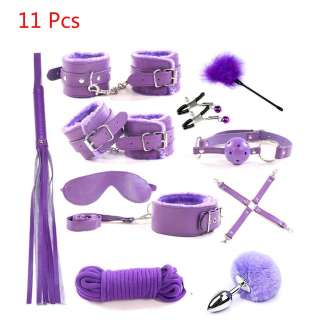 10 Pcs/set Sex Product Erotic Toys Adults Bdsm Bondage Set Tail Anal Plug Handcuffs Nipple Clamps Gag Whip Rope Toys For Couples - Pleasure Bar