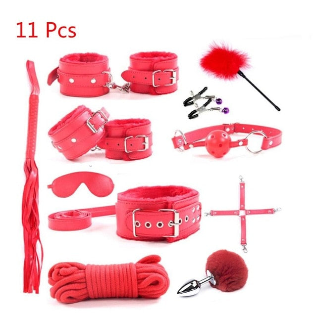 10 Pcs/set Sex Product Erotic Toys Adults Bdsm Bondage Set Tail Anal Plug Handcuffs Nipple Clamps Gag Whip Rope Toys For Couples - Pleasure Bar